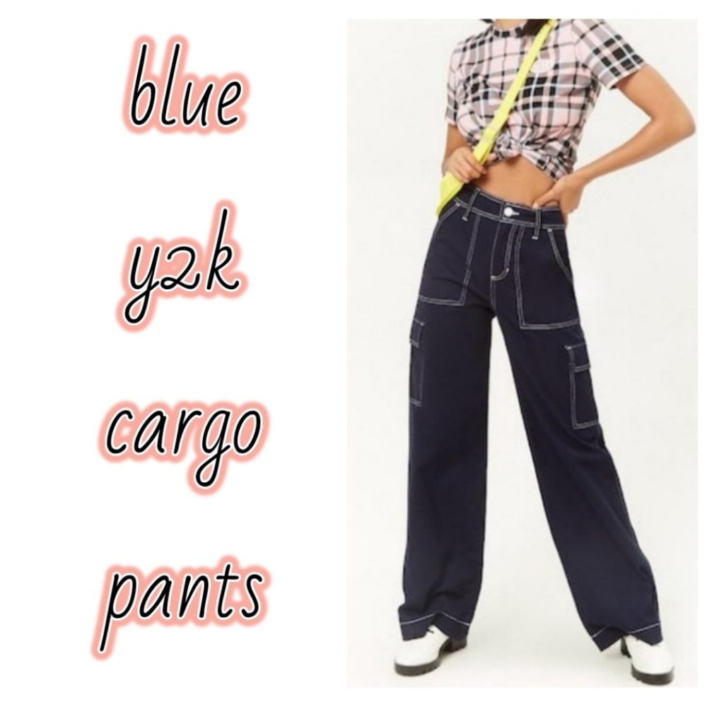 Blue Wide Leg Cargo Pants